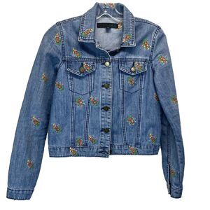 Tinsel Denim Couture Sz XS 6-Button Truckers Jacket Blue Floral Embroidered